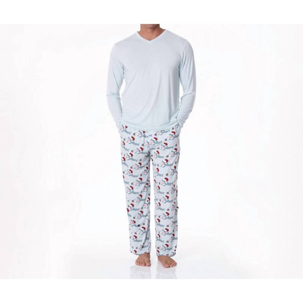 NEW KICKEE men's print pajama pants in illusion blue holiday sharks